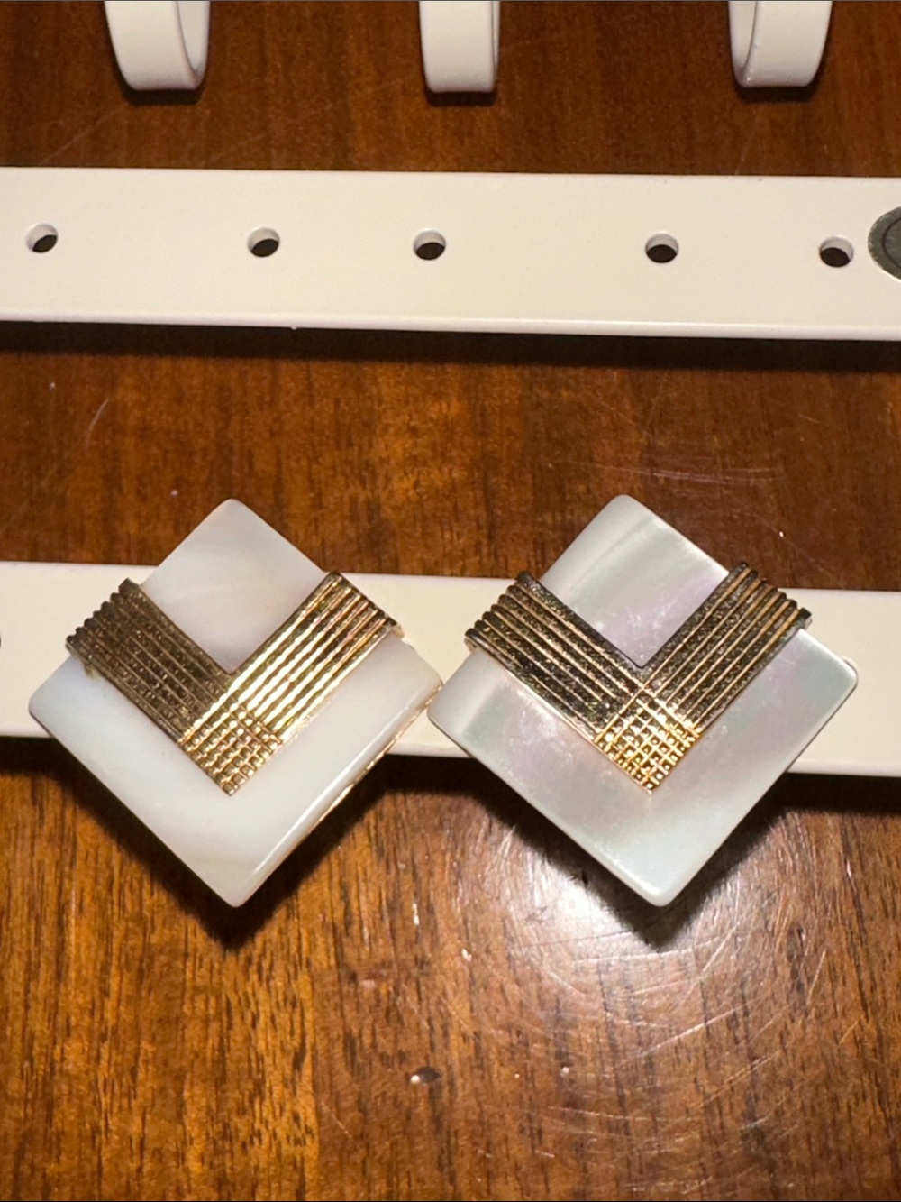 Vintage Mid Century Geometric White Mother-of-Pearl Clip Earrings/ Gold Accents